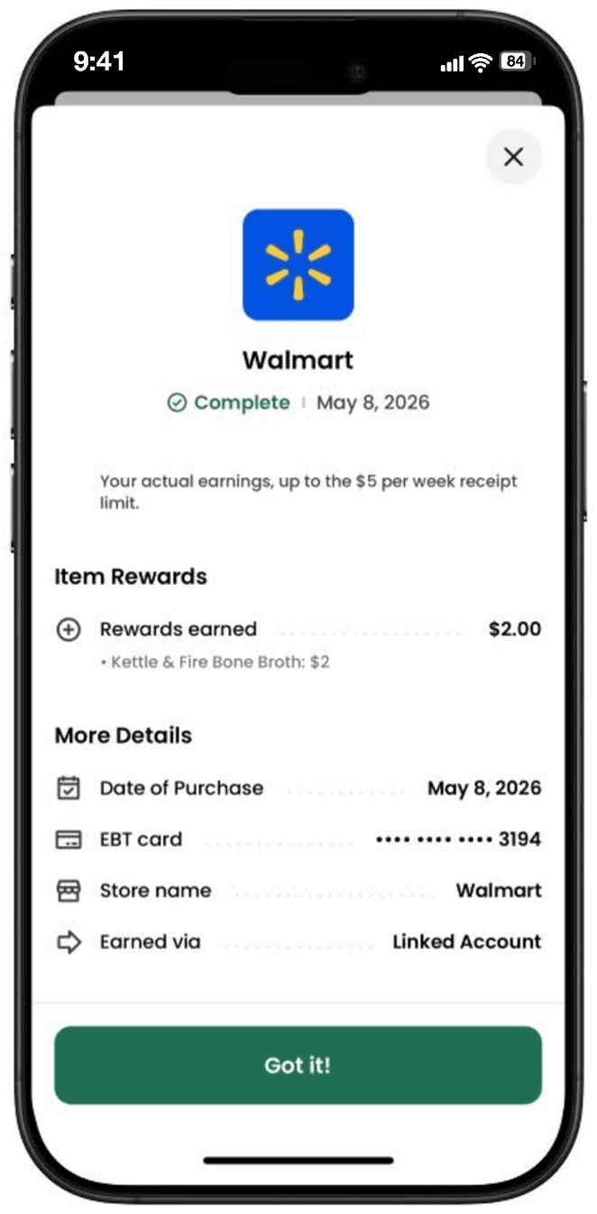 A completed reward in the Forage app: $2.00 earned automatically on a Walmart purchase via a linked account.