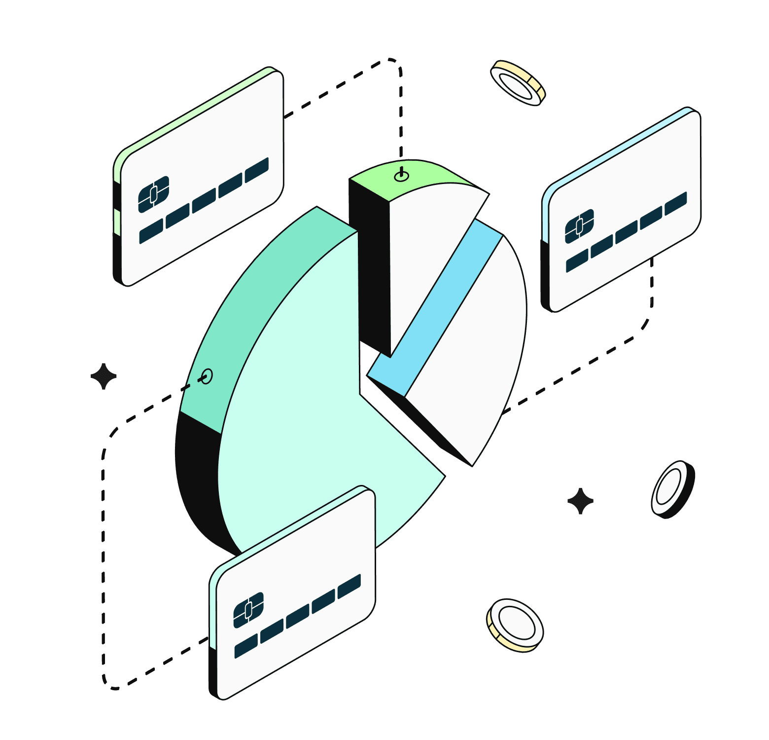 Illustration of a pie chart surrounded by payment cards