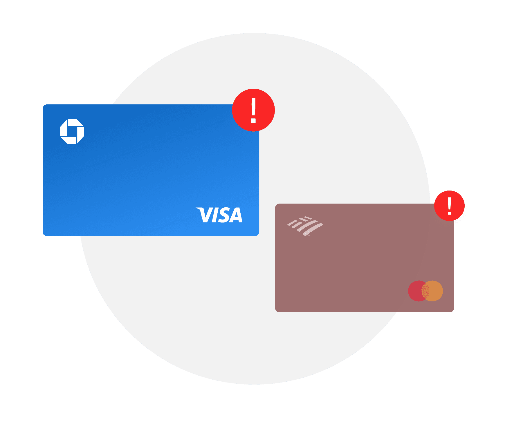 Visa and Mastercard cards flagged with alert icons